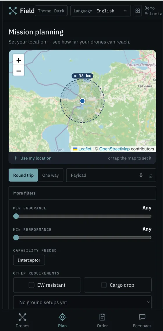 Odeon Field · mission planning on mobile